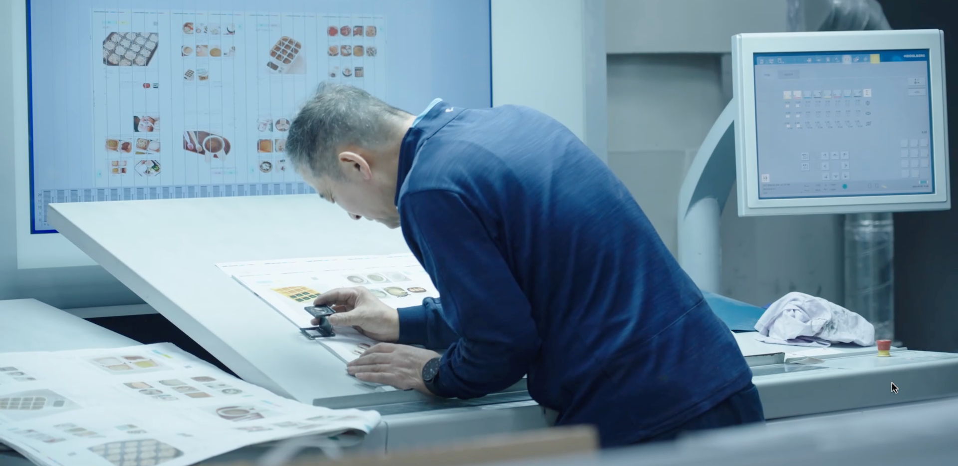 Print technician using a magnifying loupe to inspect the printed page on the press plate, ensuring color accuracy and quality during the printing process at inclpress