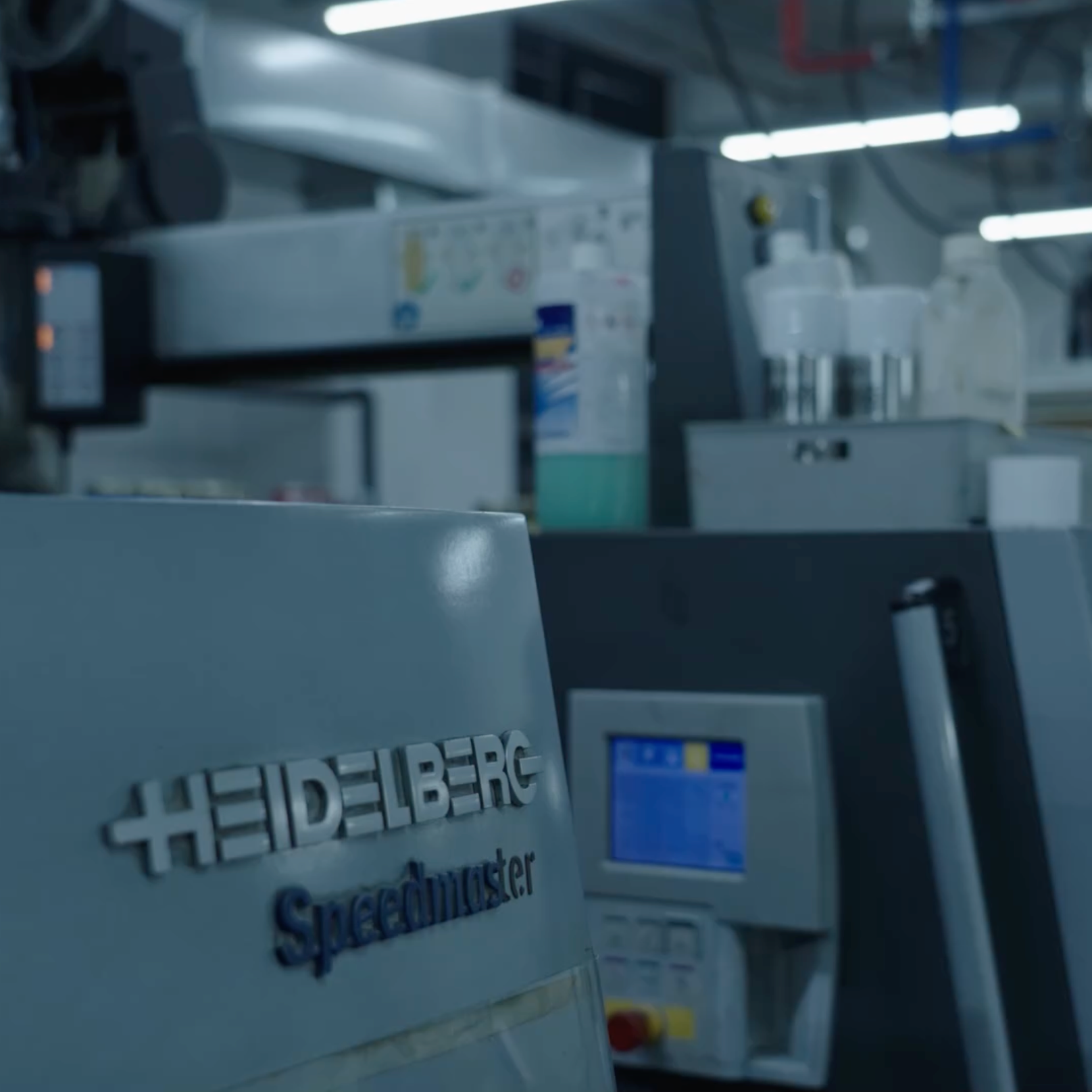 Close-up view of the Heidelberg logo on a printing press
